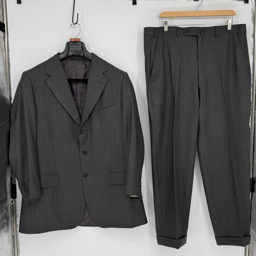 Gianluca Isaia Napoli Suit VTG Men 42L Black Birdseye Weave Wool 3-Button EUC